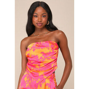 Lulus Instinctive Glam Pink And Orange Floral Strapless Top - Size S